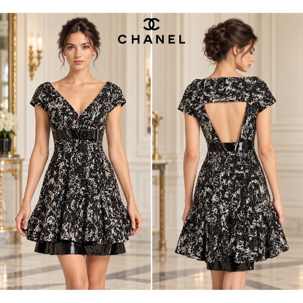 CHANEL Karl Lagerfeld Wool Dress Patent Leather Bow Cutout Back FR 36
